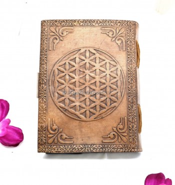 Leather `Book of Shadows` Journal with Lapis Lazuli and Flower of Life Design